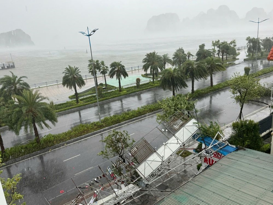 Tại TP Hạ Long, cường độ gió bắt đầu mạnh lên khiến nhiều cây xanh đổ gãy, làm tốc mái tôn của một số đơn vị. Ảnh: Thanh Hà